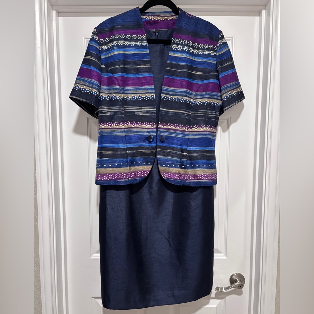 0128- Leslie Fay Blue Purple 2PC Dress Set Size 16
